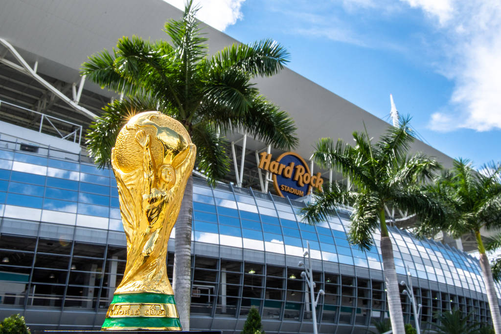 World Cup FIFA on background Hard Rock Stadium which will host the 2026 World Cup games