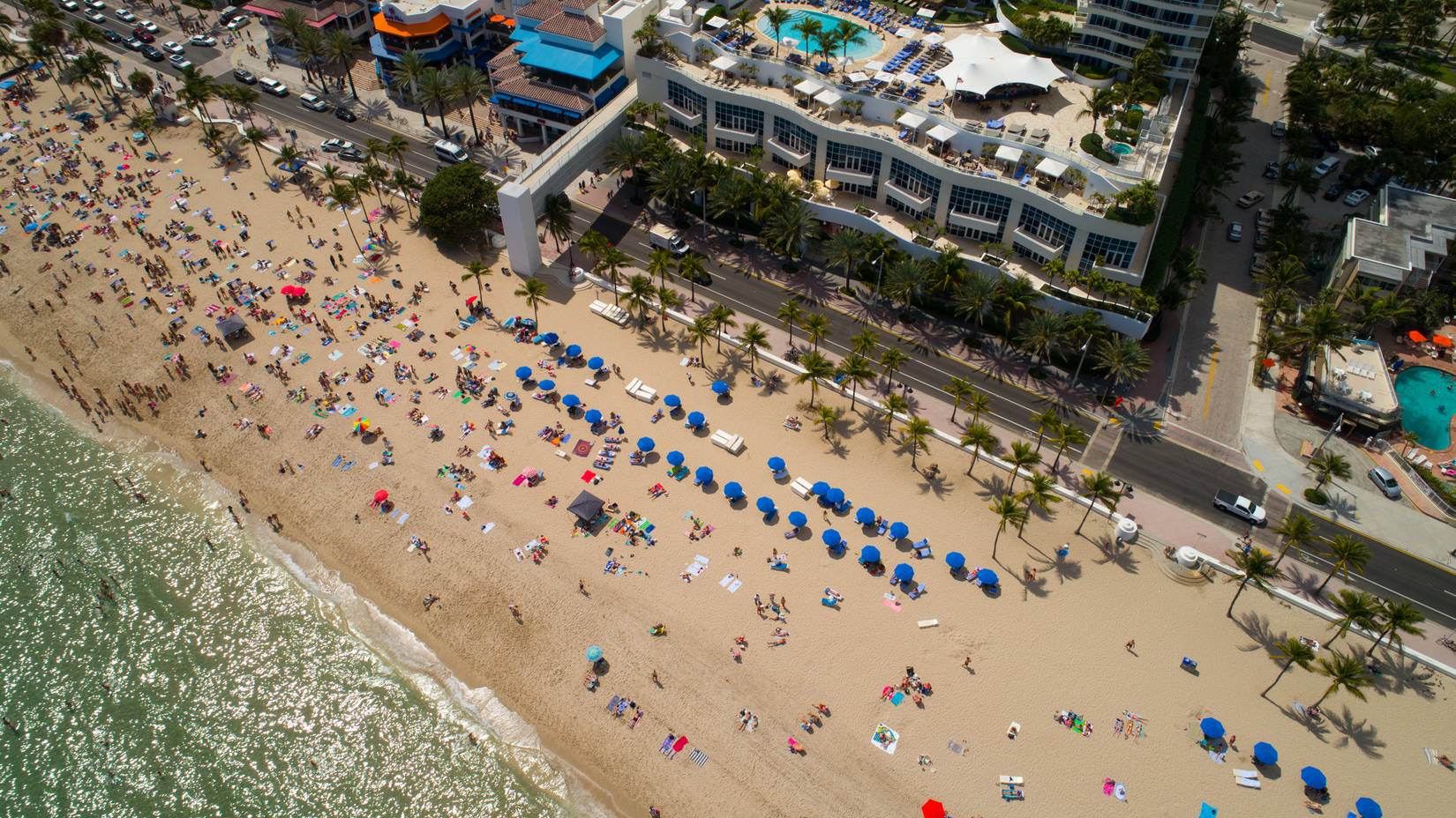 Aerial image of college spring break on Fort Lauderdale Beach, Florida, USA