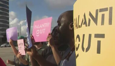 Protestors stage an "unwelcome party" for Palantir's move to Miami, claiming that its technology helps ICE with deportations
