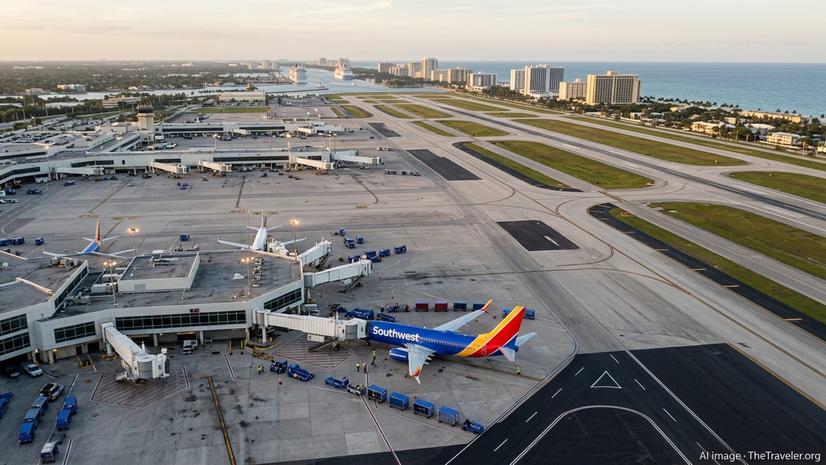 Aerial view of Fort Lauderdale airport with a Southwest jet and beachfront hotels at sunset.