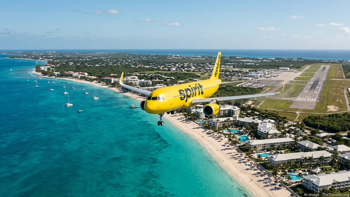 Spirit Airlines jet approaching Grand Cayman over turquoise water and Seven Mile Beach.