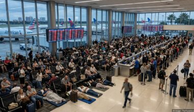 Crowded gate area at Tampa International Airport with passengers waiting amid widespread flight delays.