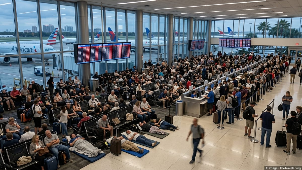 Crowded gate area at Tampa International Airport with passengers waiting amid widespread flight delays.