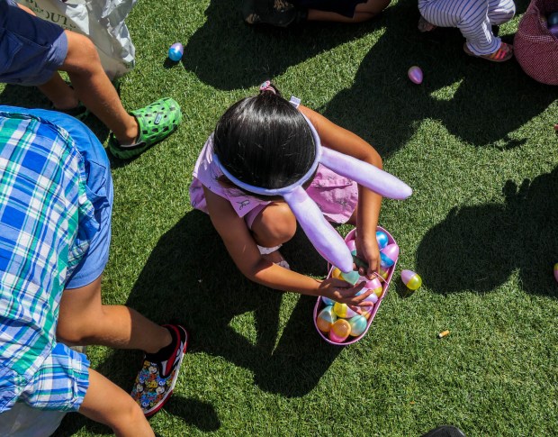 Kids participate in the Fifth Annual Spring Fling EGGstravaganza at Las Olas Oceanside Park in Fort Lauderdale on Saturday, April 12, 2025. (Scott Luxor/Contributor)