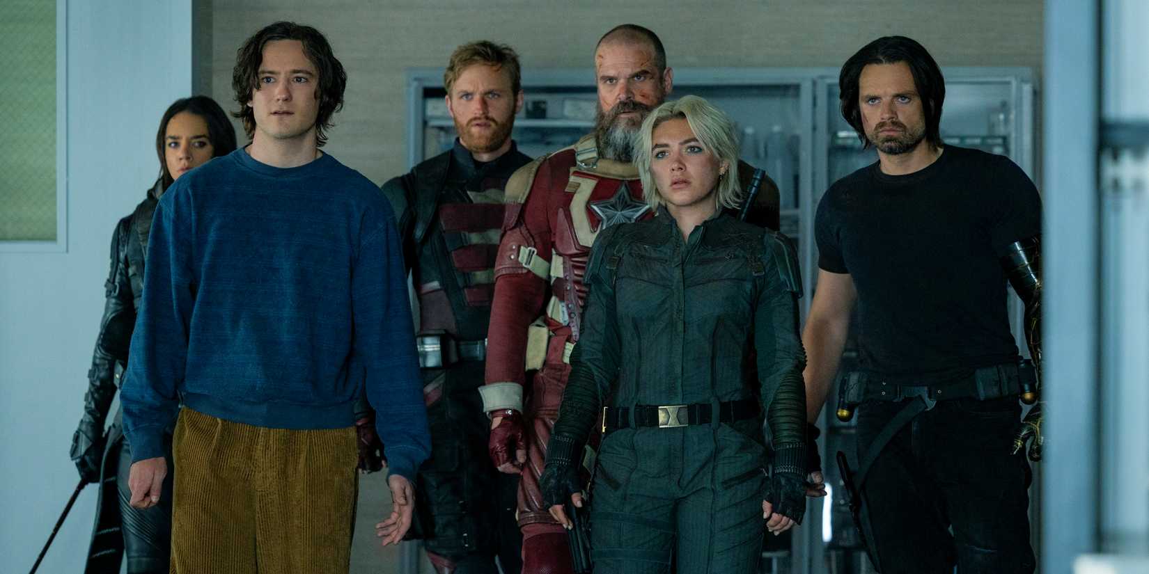 Ava Starr (Hannah John-Kamen), Robert Reynolds (Lewis Pullman), John Walker (Wyatt Russell), Alexei Shostakov (David Harbour), Yelena Belova (Florence Pugh), and Bucky Barnes (Sebastian Stan) are left stunned in Thunderbolts
