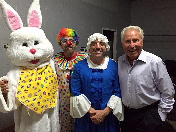 Orlando Sentinel columnists George Diaz (Easter Bunny), Brian Schmitz (the clown), Mike Bianchi (Betsy Ross) and ESPN football analyst Lee Corso help send off longtime sports columnist Jerry Greene with some laughs at memorial service on Wednesday, April 27, 2016 at Orlando Jai-Alai, one of Greene's favorite hangouts. Greene died on April 20. (Roger Simmons, Orlando Sentinel)