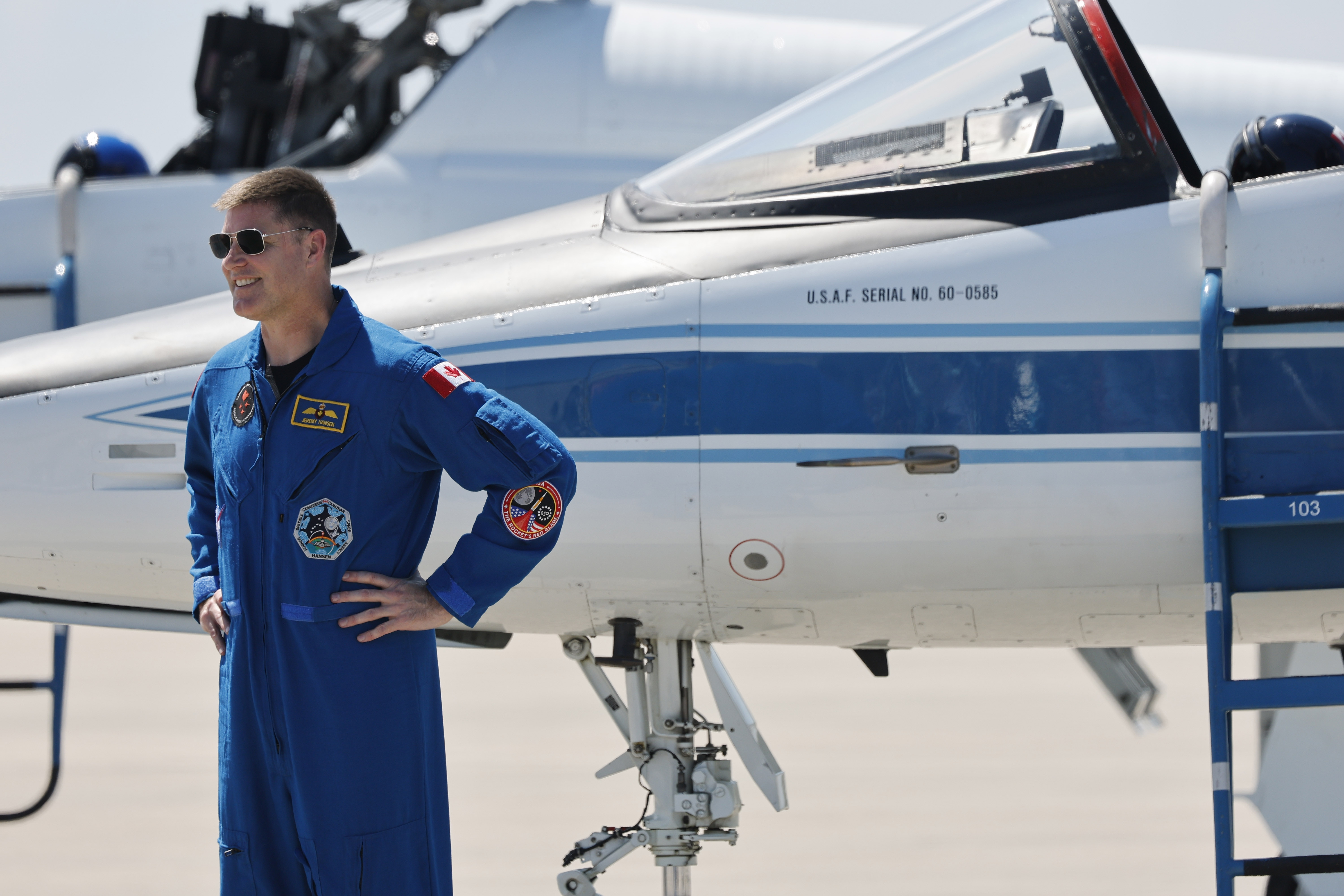 Artemis II mission specialist Jeremy Hansen arrives at the Shuttle...