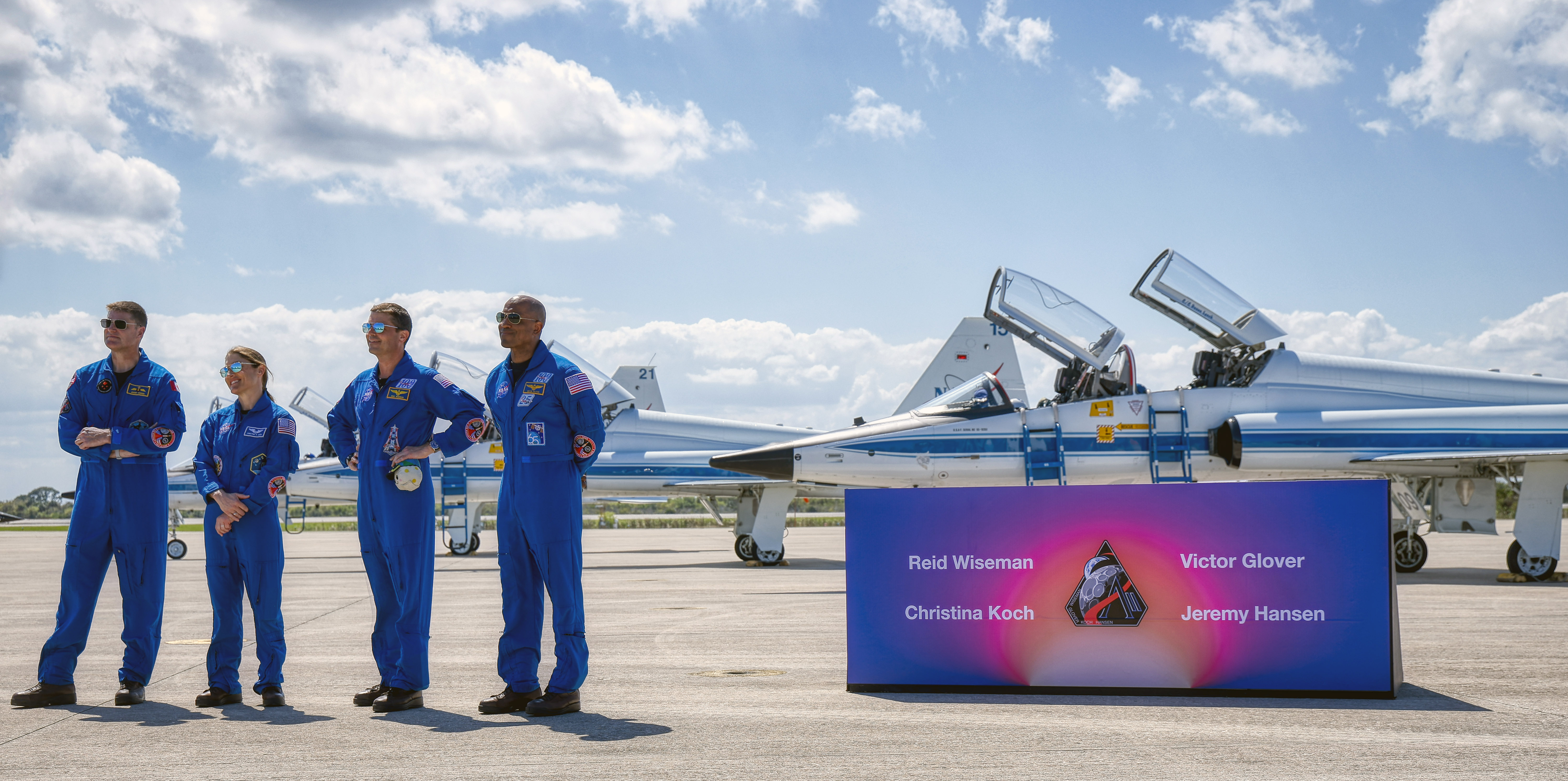 From left, Artemis II crew mission specialists Jeremy Hansen and...