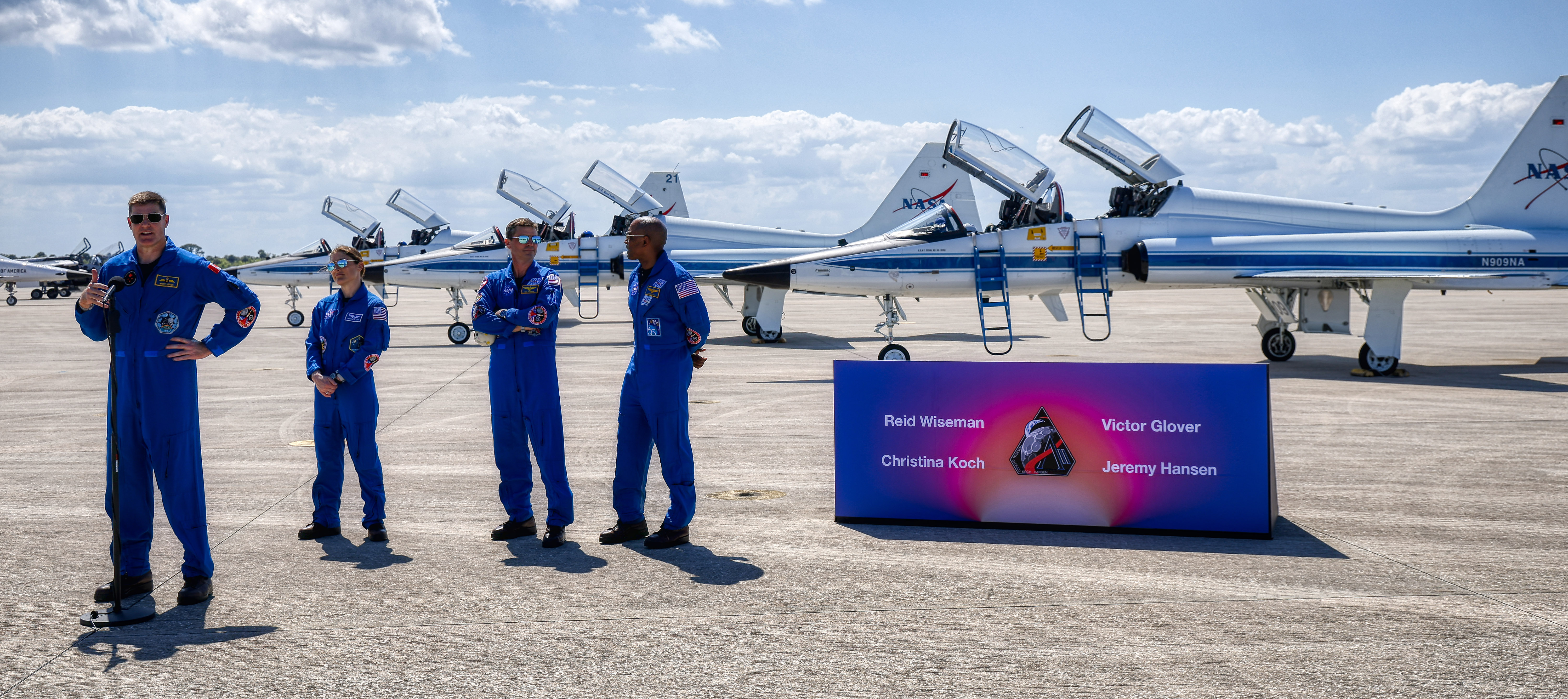 From left, Artemis II crew mission specialists Jeremy Hansen and...