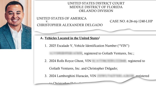 Christopher Delgado, who was CEO of an Orlando-based cryptocurrency company, is charged with committing wire fraud and money laundering as part of an alleged $328 million Ponzi scheme. The federal government, which says he lived the high life on his investors' money, wants him to surrender 12 luxury cars and 18 opulent watches, among other property. He agreed to surrender the vehicles, and the government says its demand for the watches is unopposed, court documents show. (United States District County Middle District of Florida, Orlando Division)