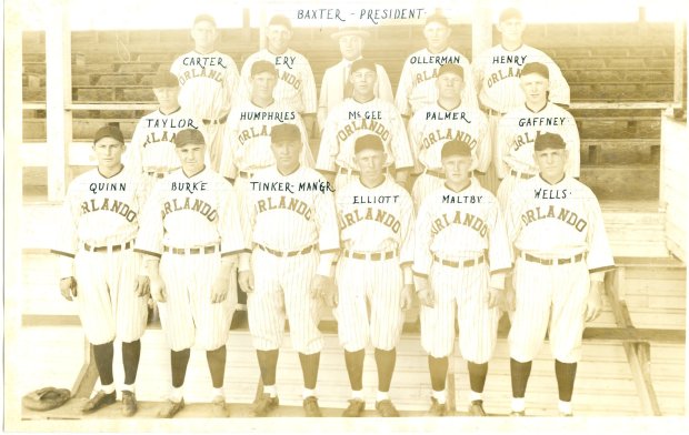 An original photograph of the 1920 Orlando Tigers minor-league baseball team, which was coached by Hall-of-Famer Joe Tinker.. The photo has the players lined up in three rows and each person is identified by handwriting with ink on the photo by last name. Tinker's Tigers won the Florida State League pennant with a 74-42 record in 1921. (Courtesy Orange County Regional History Center)