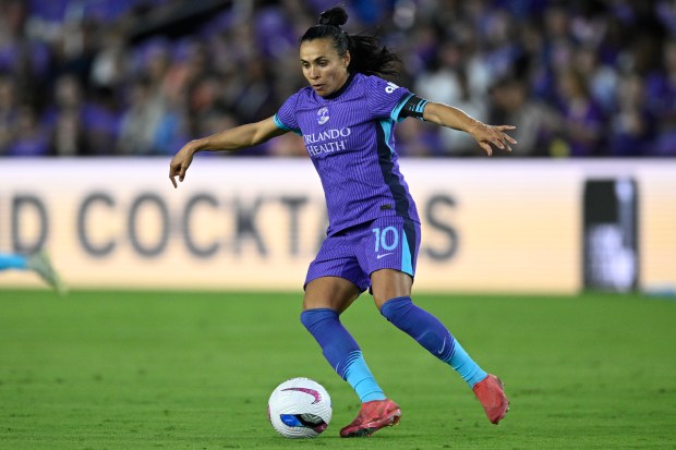 Orlando Pride forward Marta (10) controls the ball during the first half of an NWSL soccer match against Seattle Reign FC, Sunday, Nov. 2, 2025, in Orlando, Fla. (Phelan M. Ebenhack for the Orlando Sentinel)