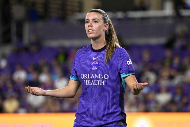 Orlando Pride forward Julie Doyle reacts during the second half of an NWSL soccer match against Seattle Reign FC, Sunday, Nov. 2, 2025, in Orlando, Fla. (Phelan M. Ebenhack for the Orlando Sentinel)