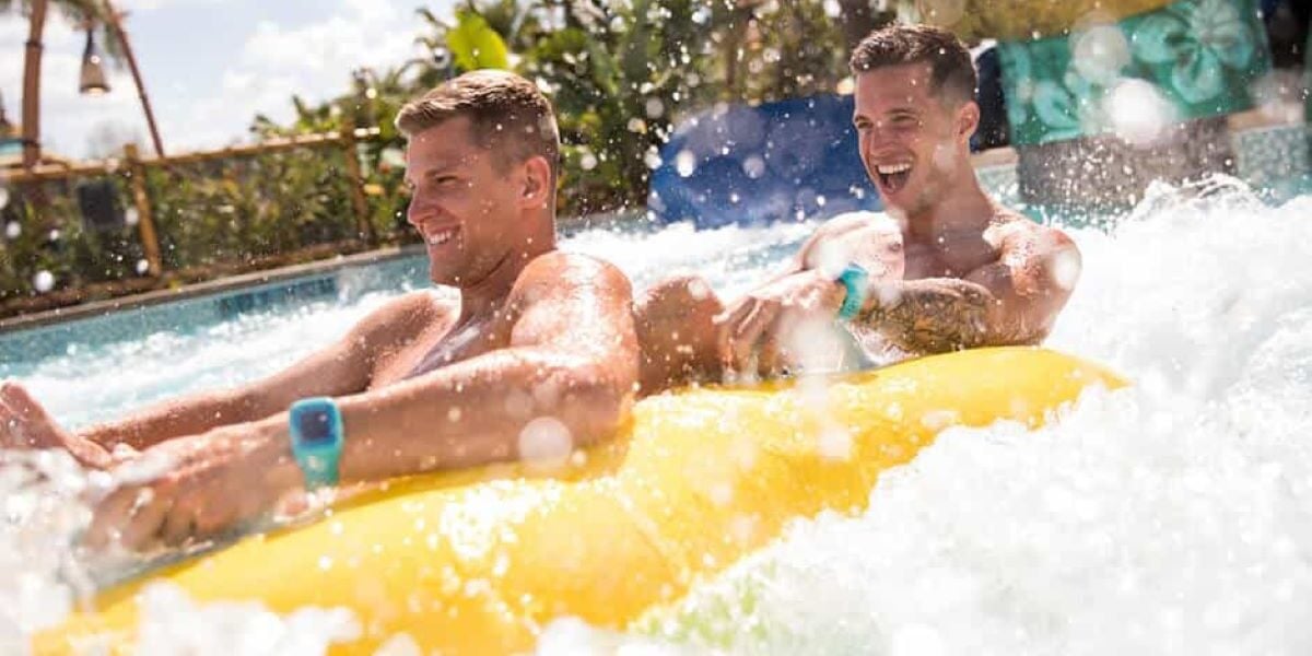 Guests enjoying a water slide at Volcano Bay at Universal Orlando Resort.