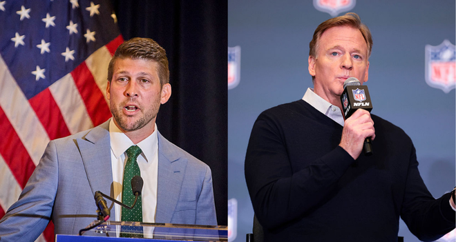 From left to right: James Uthmeier speaks at the National Conservatism Conference in Washington D.C., Sept. 3, 2025. (Photo by Dominic Gwinn / Middle East Images via AFP) (Photo by DOMINIC GWINN/Middle East Images/AFP via Getty Images) ||| SAN JOSE, CALIFORNIA - FEBRUARY 2: NFL commissioner Roger Goodell speaks during Super Bowl LX Opening Night at San Jose McEnery Convention Center on February 02, 2026 in San Jose, California. (Photo by Kathryn Riley/Getty Images)
