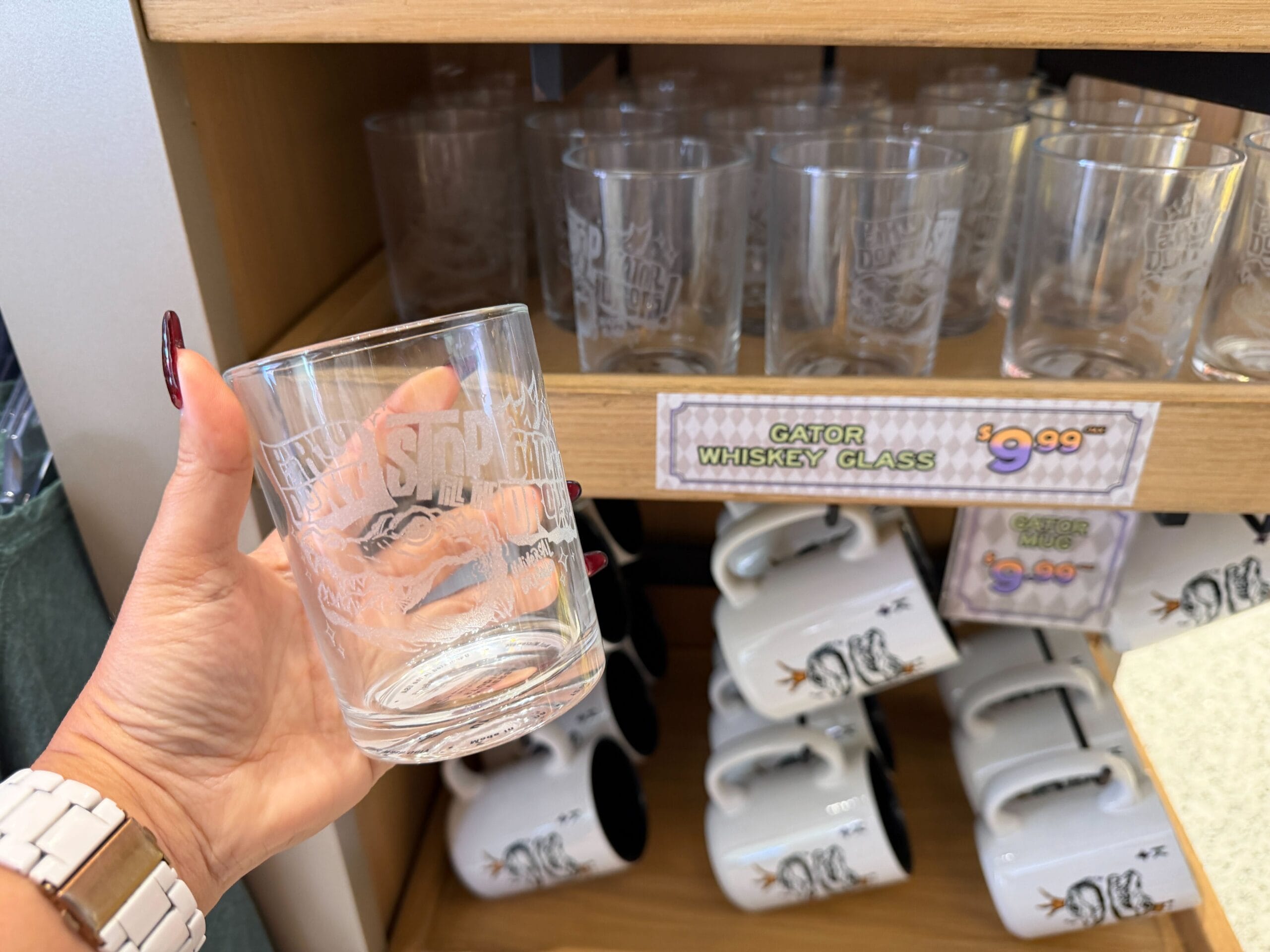 This clear glass has a frosted design of King Gator with the text, "Party don't stop till the gator drops!"