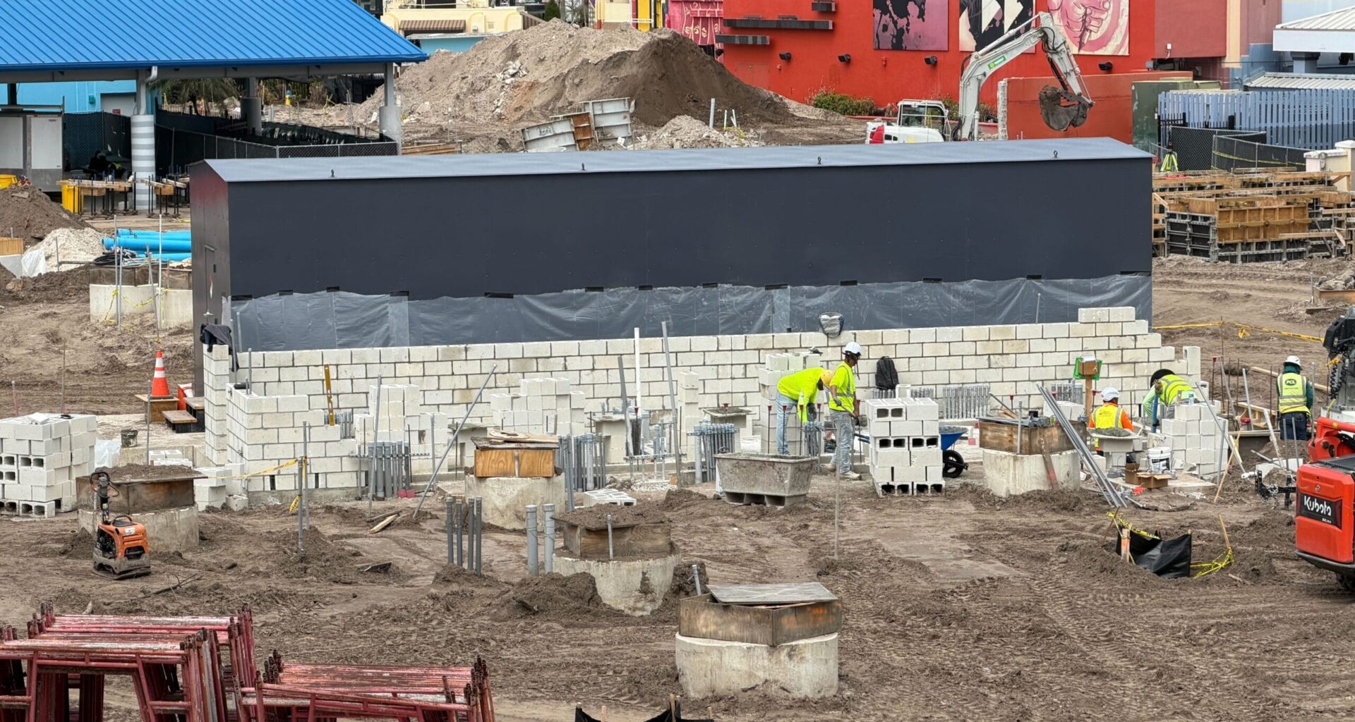 Crews were actively laying stones on one of the walls for Fast & Furious Hollywood Drift at Universal Orlando during our visit on March 19.