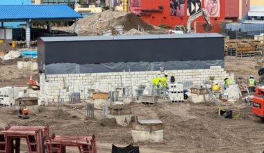 Crews were actively laying stones on one of the walls for Fast & Furious Hollywood Drift at Universal Orlando during our visit on March 19.