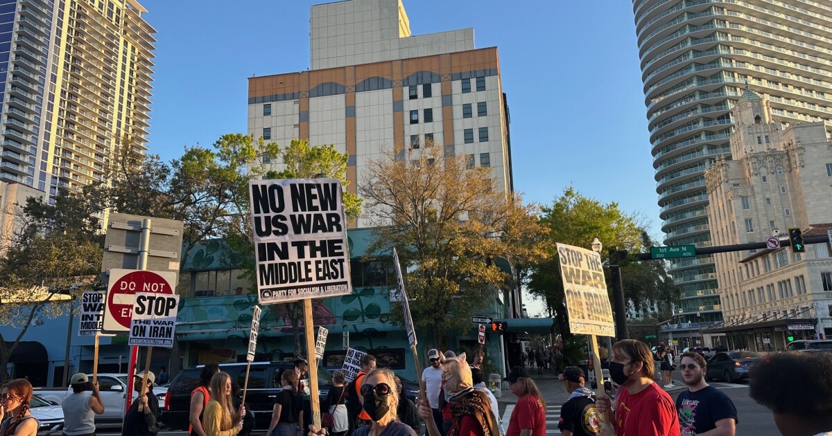 Protestors gather in downtown St. Petersburg after U.S.-Israeli attacks on Iran