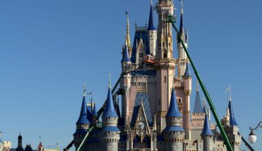 Crews Begin Painting Tallest Tower of Cinderella Castle at Magic Kingdom