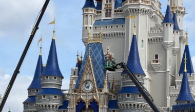 Crews continue to focus on the blue roofing of Cinderella Castle at Magic Kingdom, moving toward the blue towers with the patterns.