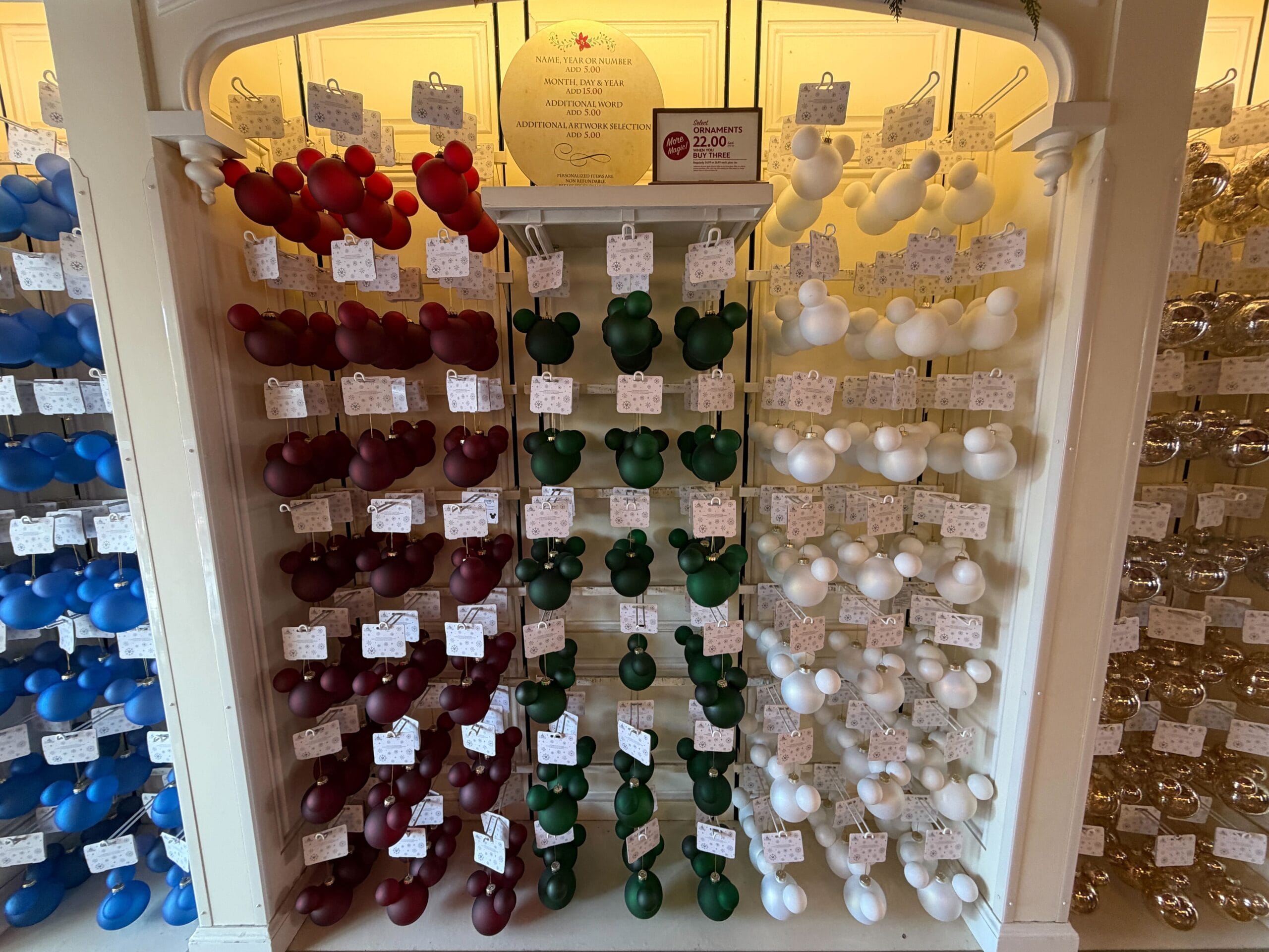 Ornaments on display at Ye Olde Christmas Shoppe in Magic Kingdom