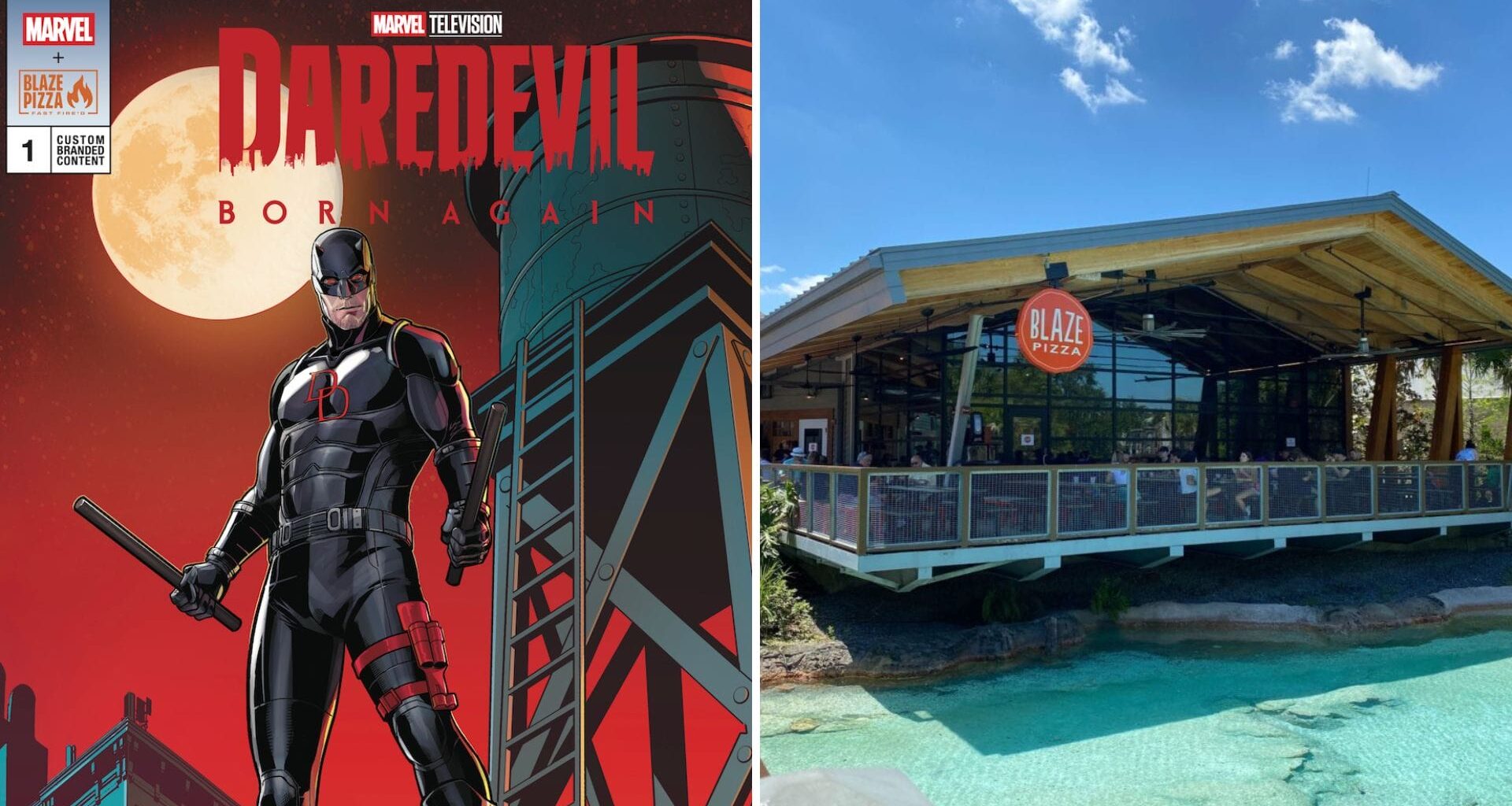 Daredevil: Born Again comic; Blaze Pizza on the water at Disney Springs