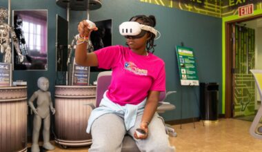 Student wearing virtual reality headset
