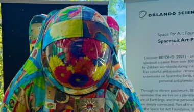 Children from around the world contributed to this spacesuit, on display for a few more days at the Orlando Science Center's entrance. (Photo: Allison Walker)