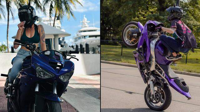 Robyn Stunts in Fort Lauderdale (left) and performing a “frogger” wheelie in Chicago (right).