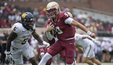 Sep 6, 2025; Tallahassee, Florida, USA; Florida State Seminoles quarterback Kevin Sperry (9) runs the ball against the East Texas A&M Lions during the second half at Doak S. Campbell Stadium. Mandatory Credit: Melina Myers-Imagn Images