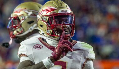 Nov 29, 2025; Gainesville, Florida, USA; Florida State Seminoles defensive back Edwin Joseph (3) silences the crowd after an interception during the second quarter against the Florida Gators at Ben Hill Griffin Stadium. Mandatory Credit: Bob Kupbens-Imagn Images
