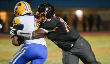 Chavez “Sandman” Thompson of Cocoa tackles Newberry Panthers ballcarrier Logan McCloud during the FHSAA Class 2A Region 2 finals, Friday, November 29, 2024. Craig Bailey/FLORIDA TODAY via USA TODAY NETWORK