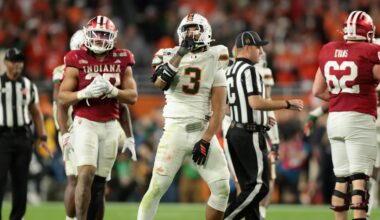 Jan 19, 2026; Miami Gardens, FL, USA; Miami Hurricanes defensive lineman Akheem Mesidor (3) celebrates after a sack against the Indiana Hoosiers in the third quarter during the College Football Playoff National Championship game at Hard Rock Stadium. Mandatory Credit: Sam Navarro-Imagn Images