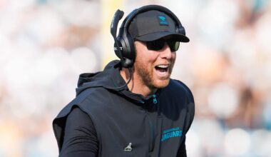 Nov 16, 2025; Jacksonville, Florida, USA; Jacksonville Jaguars head coach Liam Coen reacts to a touchdown against the Los Angeles Chargers during the third quarter at EverBank Stadium. Mandatory Credit: Morgan Tencza-Imagn Images