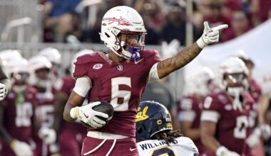 Sep 21, 2024; Tallahassee, Florida, USA; Florida State Seminoles wide receiver Jalen Brown (6) signals first down after a catch during the first half against the California Golden Bears at Doak S. Campbell Stadium. Mandatory Credit: Melina Myers-Imagn Images