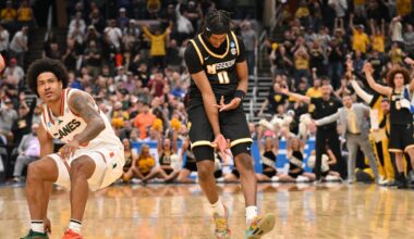 Mar 20, 2026; St. Louis, MO, USA; Missouri Tigers guard Anthony Robinson II (0) reacts after shooting a three pointer during the second half against the Miami (FL) Hurricanes during a first round game of the men's 2026 NCAA Tournament at Enterprise Center. Mandatory Credit: Jeff Curry-Imagn Images