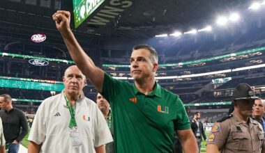 Dec 31, 2025; Arlington, TX, USA; Miami Hurricanes head coach Mario Cristobal leaves the field following the 2025 Cotton Bowl and quarterfinal game of the College Football Playoff against the Ohio State Buckeyes at AT&T Stadium. Mandatory Credit: Raymond Carlin III-Imagn Images