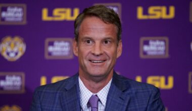 Dec 1, 2025; Baton Rouge, LA, USA; LSU new head coach Lane Kiffin speaks at South Stadium Club at Tiger Stadium. Mandatory Credit: Matthew Hinton-Imagn Images