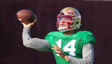 Florida State Seminoles quarterback Ashton Daniels (14) winds up to pass Thursday, April 9, 2026.