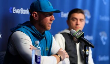 Jacksonville Jaguars head coach Liam Coen speaks during a press conference as general manager James Gladstone looks on at the Miller Electric Center, Wednesday, Jan. 14, 2026, in Jacksonville, Fla.