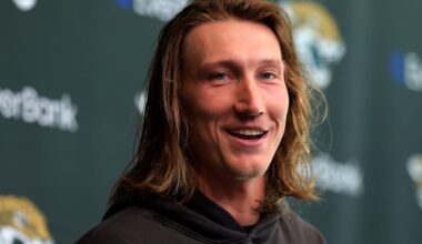 Jacksonville Jaguars quarterback Trevor Lawrence speaks during a press conference at the Miller Electric Center, Monday, April 20, 2026 in Jacksonville, Fla.