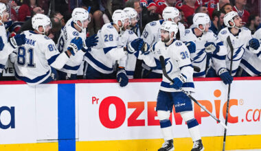 Apr 26, 2026; Montreal, Quebec, CAN; Tampa Bay Lightning left wing Brandon Hagel (38) celebrates his second goal of the game against the Montreal Canadiens with his teammates at the bench during the third period in game four of the first round of the 2026 Stanley Cup Playoffs at Bell Centre. Mandatory Credit: David Kirouac-Imagn Images