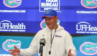 Florida head coach Jon Sumrall speaks after spring practice at Sanders Practice Fields in Gainesville, FL on Tuesday, April 7, 2026. [Alan Youngblood/Gainesville Sun]