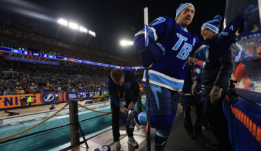 Feb 1, 2026; Tampa Bay, Florida, USA; Tampa Bay Lightning defenseman Ryan McDonagh (27) gets a skate adjustment prior to a game against the Boston Bruins in the 2026 Stadium Series ice hockey game at Raymond James Stadium. Mandatory Credit: Kim Klement Neitzel-Imagn Images
