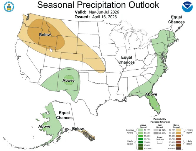 The Climate Prediction Center shows chances between 33% and 50% that Florida will see above normal rainfall during May, June and July of 2026.