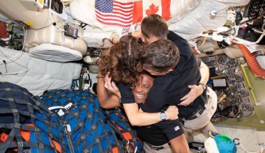 "Mission Specialist Christina Koch, left, Mission Specialist Jeremy Hansen, Commander Reid Wiseman, and Pilot Victor Glover – take time out for a group hug inside the Orion spacecraft on their way home," NASA stated. (NASA)