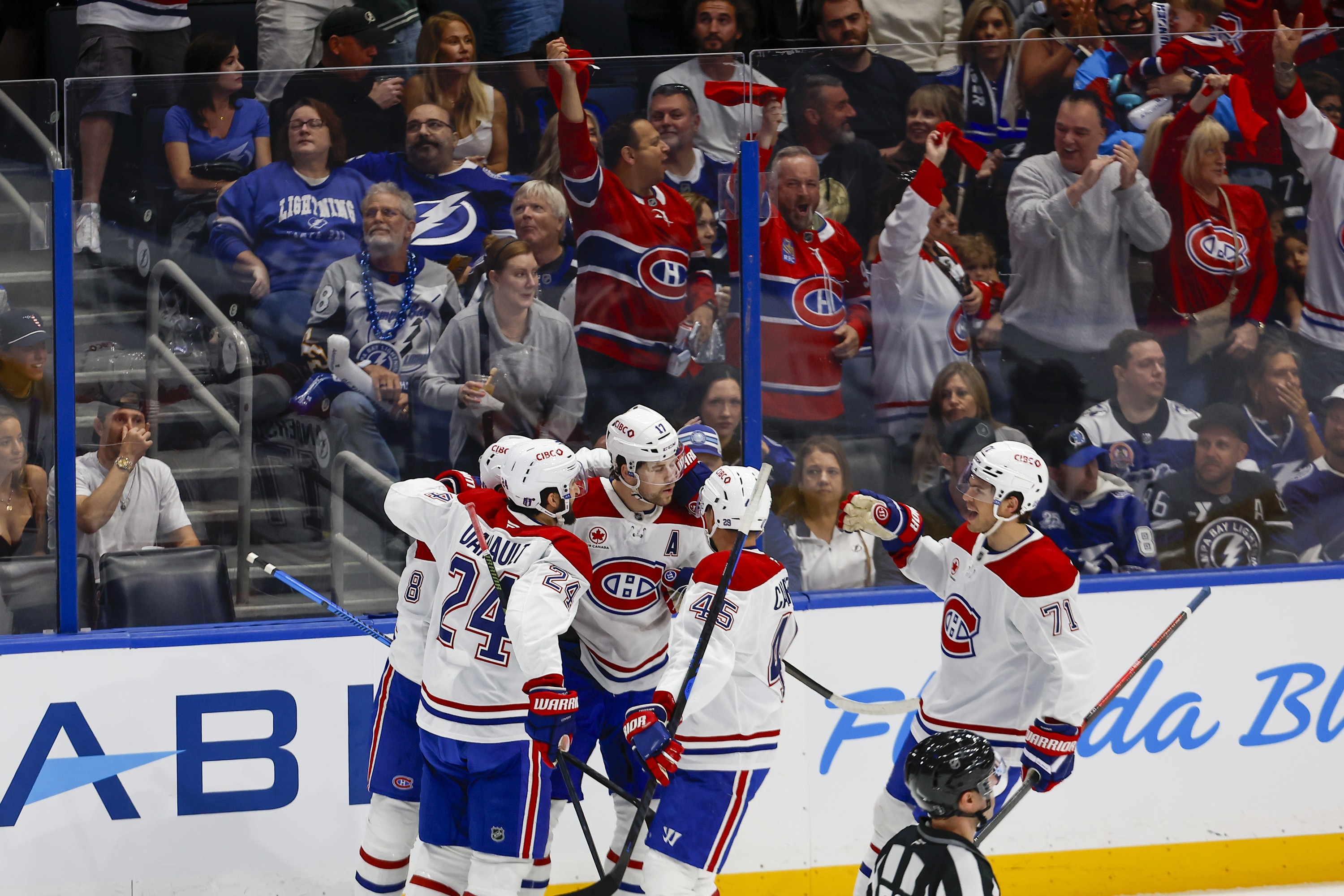 Montreal Canadiens right wing Josh Anderson (17) celebrates after scoring a goal on Tampa Bay Lightning goaltender Andrei Vasilevskiy (88) during the second period of the Stanley Cup playoffs' Round 1 Game 1 on Sunday, April 19, 2026 in Tampa. Luis Santana / Tampa Bay Times