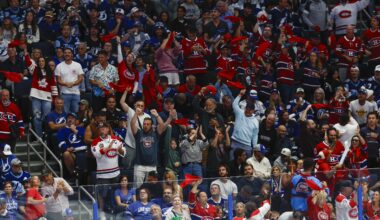 people in habs jerseys celebrate