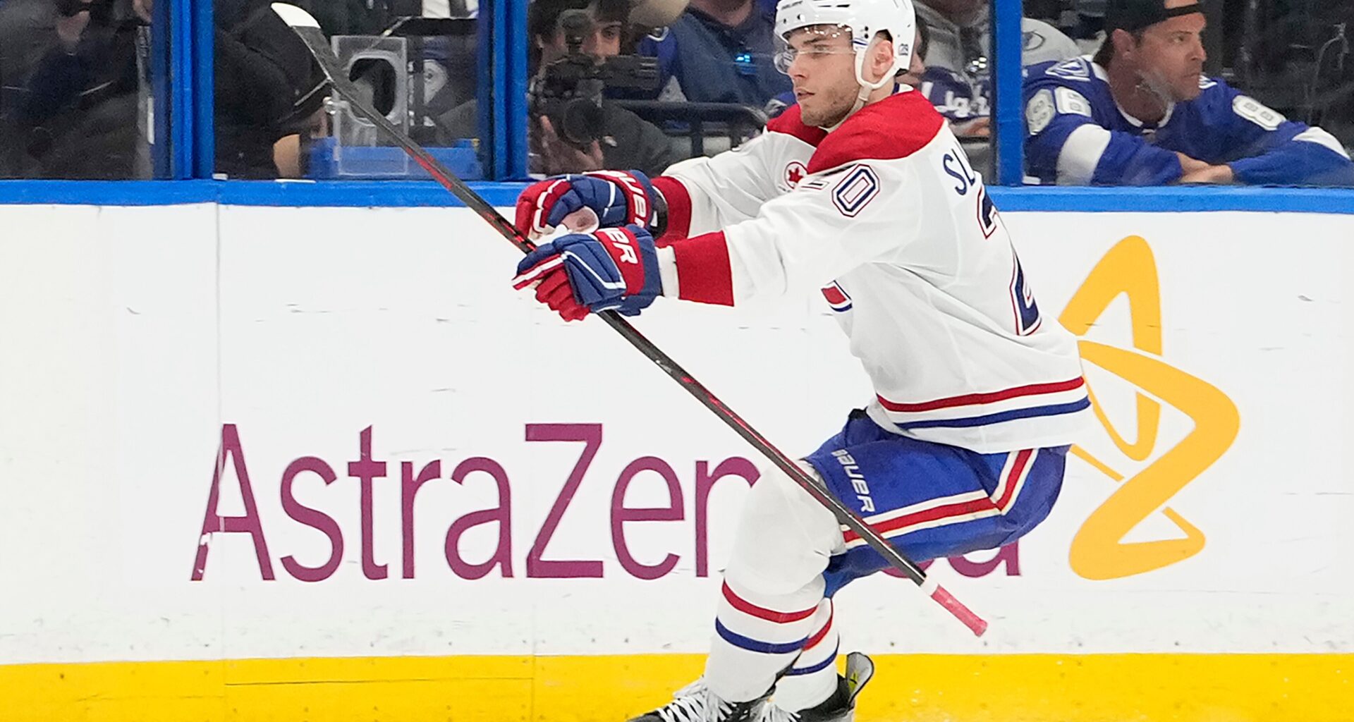 Canadiens winger Juraj Slafkovsky celebrates his overtime goal against the Tampa Bay Lightning in Game 1 of first-round playoff series Sunday in Tampa, Fla.